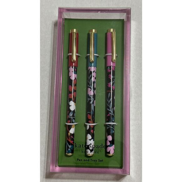 Kate Spade Fall Floral Fine Tip Pen Set of 3 in Pink Acrylic Tray New Sealed Pk - Picture 1 of 3